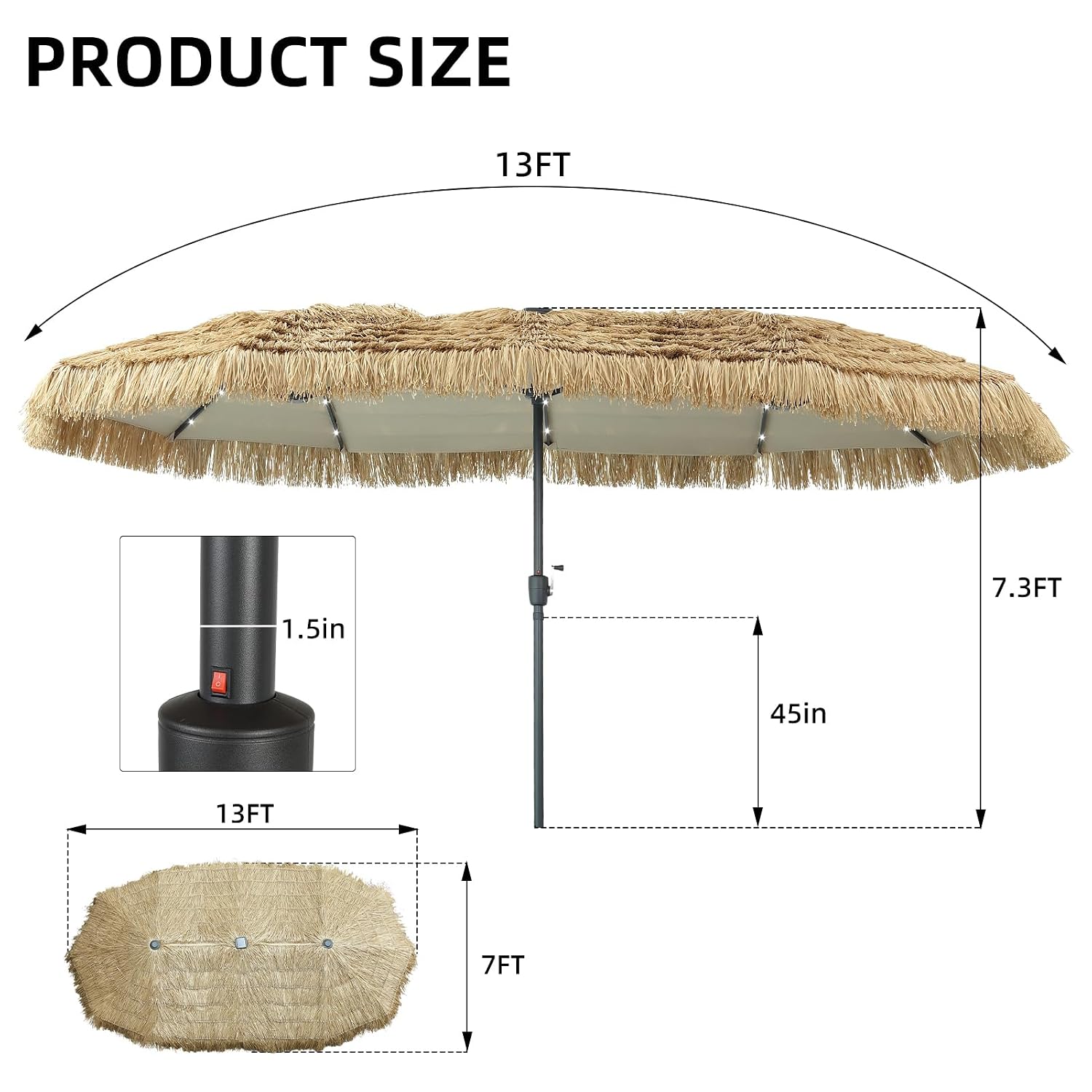 Outdoor Furniture Umbrella - 13ft Thatch Umbrella with Solar Lights