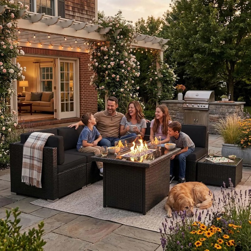 Outdoor Furniture Fire Table - 8-Piece Patio Wicker Sectional Sofa Set