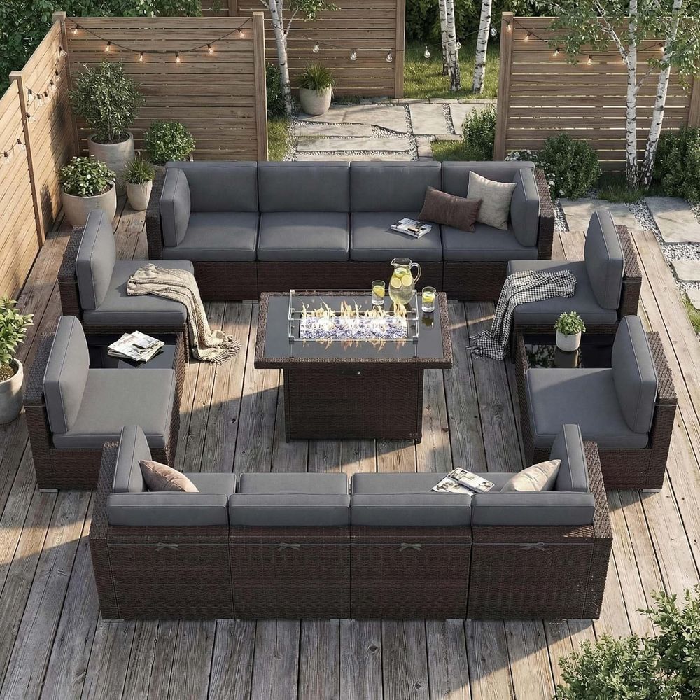 Outdoor Furniture Fire Table - 15-Piece Outdoor Patio Furniture Set with