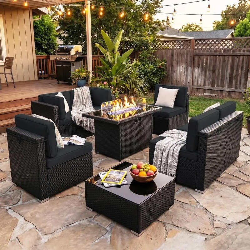 8-Piece Patio Wicker Sectional - Outdoor Furniture Fire Table 评论和价格