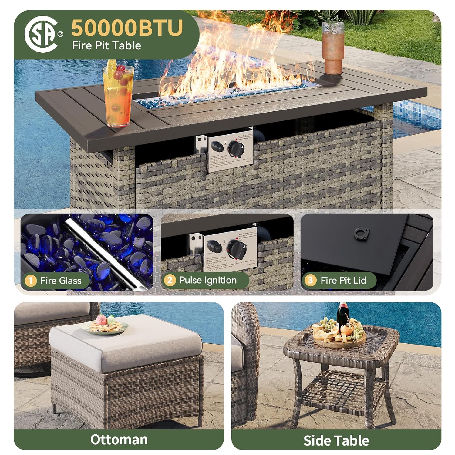 7-Piece Wicker Patio Set with  - Outdoor Furniture Fire Table 评论和价格